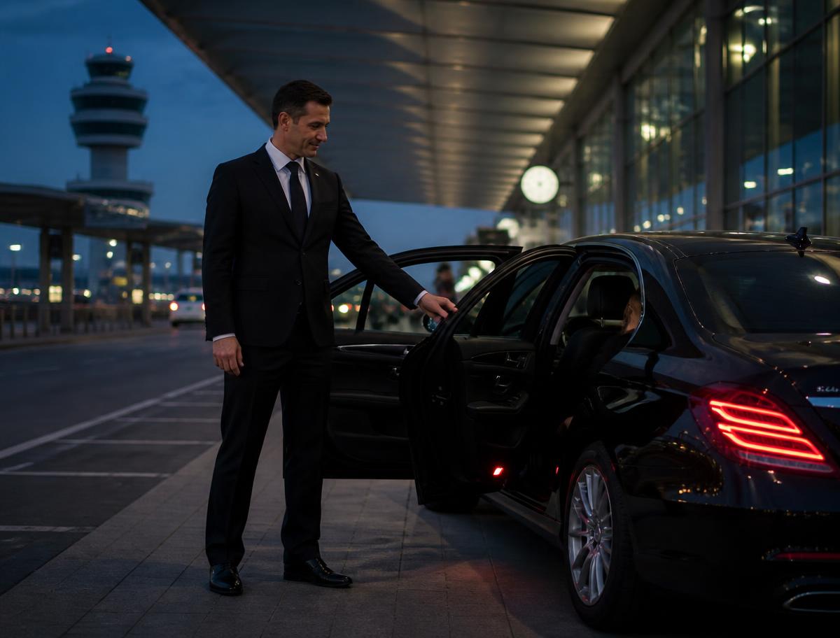 A professional chauffeur greeting a passenger at a luxury hotel entrance in warm natural light