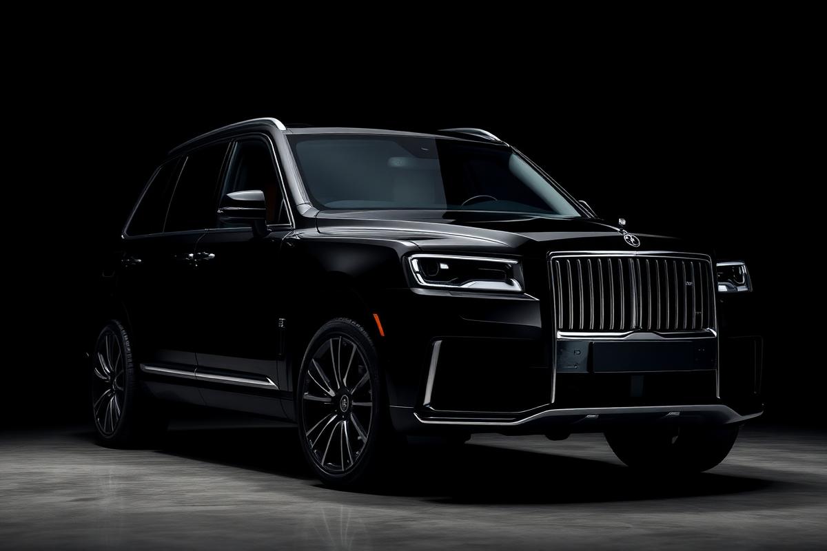Full-size SUV photographed from the front quarter on a hotel forecourt at golden hour, no people